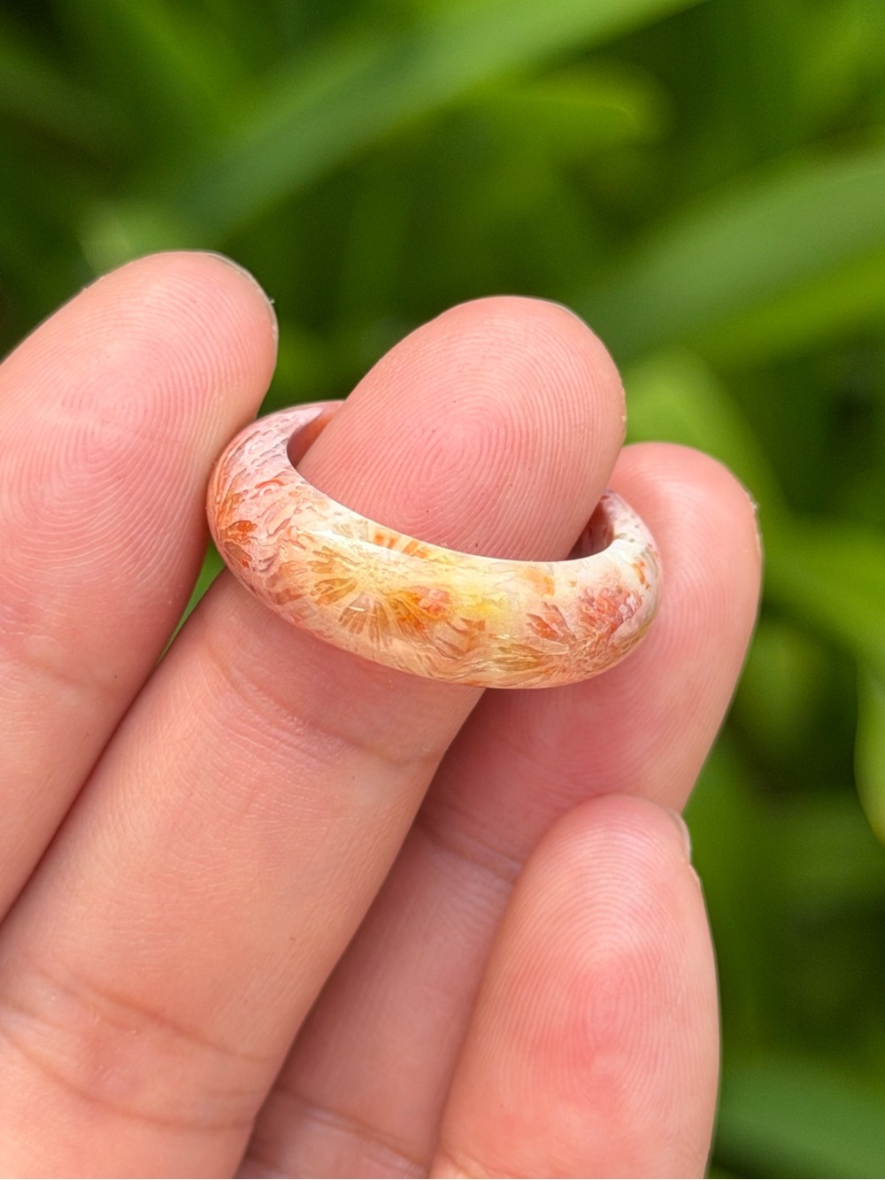 Size‎ 7.5 Handcrafted Floral Coral Jade Dome Ring Peach Orange Color 1757